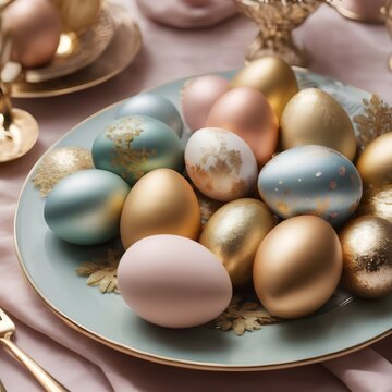 close up of pastel and gold easter eggs on plate, easter table setting