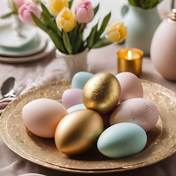 close up of pastel and gold easter eggs on plate, easter table setting