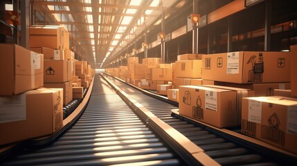 Conveyor belt in a distribution warehouse with row of Product 