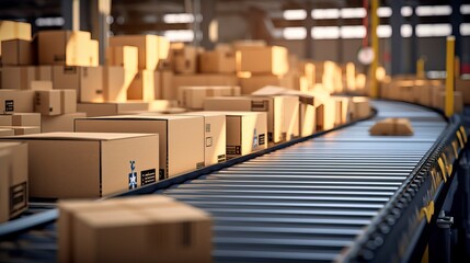Conveyor belt in a distribution warehouse with row of Product 