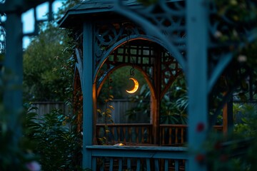 almost full moon is visible through the open structure of the gazebo illuminating it with a soft glow