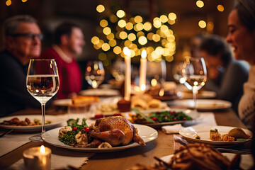 group of people with plates of food, wine and dinner, in the style of xmaspunk, back button focus, light gold and light brown, pigeoncore, unusual cropping, hard-edged lines, - obrazy, fototapety, plakaty