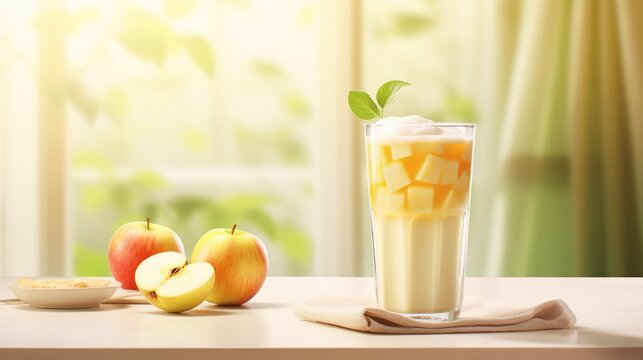 Glass of tasty apple smoothie on table at home with space for text.