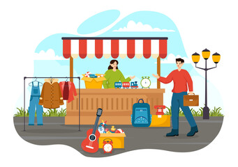 Obraz na płótnie Canvas Flea Market Vector Illustration with Second Hand Shop with Shoppers, Swap Meet, Sellers and Customers at Weekend in Business Flat Background