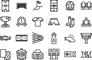 football icon set, contain symbol of score, league, corner, trophy, shirt, goal, net, torunament, etc. with the simplicity outline style.