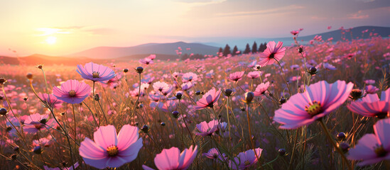 Pink cosmos flower field in garden with blurry background and soft sunlight. Close up flowers blooming on softness style in spring summer under sunrise
