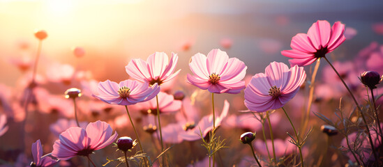 Pink cosmos flower field in garden with blurry background and soft sunlight. Close up flowers blooming on softness style in spring summer under sunrise
