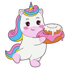 Cute Unicorn Holding Donut Illustration