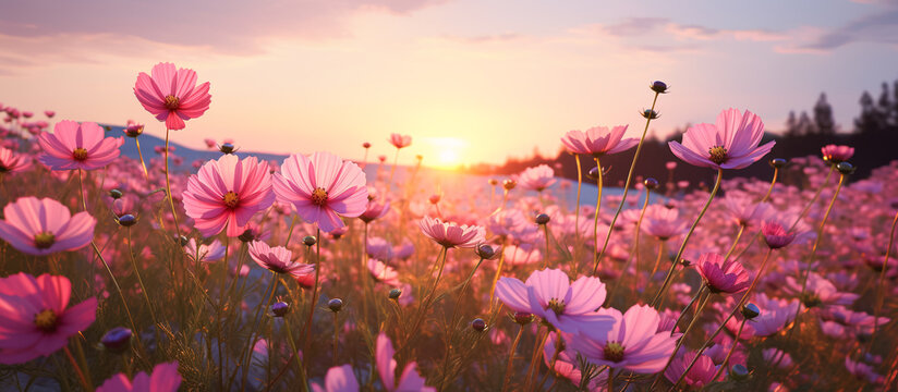 Pink cosmos flower field in garden with blurry background and soft sunlight. Close up flowers blooming on softness style in spring summer under sunrise