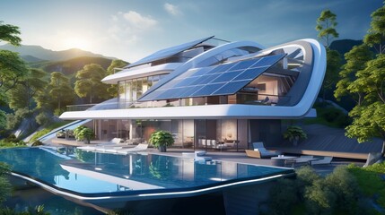 Futuristic generic smart home with solar panels rooftop