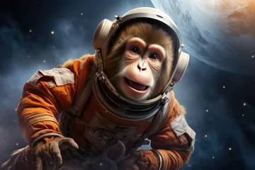 Foto auf Acrylglas Surprised monkey in spacesuit against the background of galaxy. animal astronauts in space, space exploration. monkey in a spacesuit in the galaxy. © Jahan Mirovi