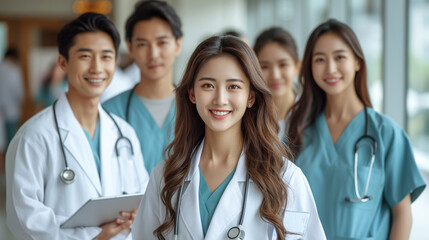Medicine and healthcare concept : Asian doctors and Female doctor standing in lobby of hospital on background.