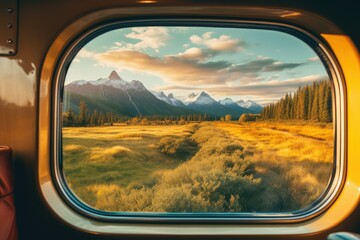 View from the window of a train on the background of mountains.  Train travel concept. rural farmland through train window.