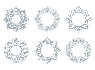 Set of decorative frames Elegant vector element for design in Eastern style, place for text. Floral gray and white borders. Lace illustration for invitations and greeting cards