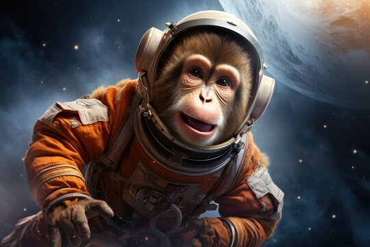 Surprised monkey in spacesuit against the background of galaxy. animal astronauts in space, space exploration. monkey in a spacesuit in the galaxy.