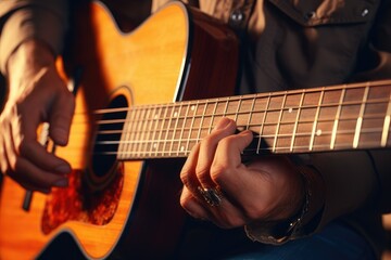 Fototapeta premium Close up of male hands playing acoustic guitar. Young man learning to play guitar. Acoustic Guitar Playing.