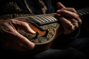 Close-up of the hands of a man playing the ukulele. elderly musician playing mandolin with dark background. passion music. elegance.