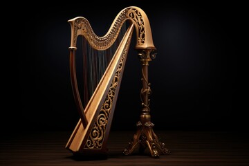 Harp and lyre on a dark background. 3d render. Musical instrument harp with strings in beautiful dark hall. close-up.