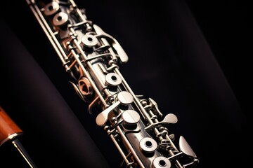 Clarinet on a black background, close-up, selective focus. Clarinetist playing woodwind music...