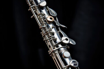 Clarinet on a black background close-up. Musical instrument. Oboe musical instrument of symphony...