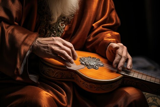 Senior musician playing mandolin on a dark background, close-up. classic musician playing mandolin. music and spiritualism. sophisticated music passion.