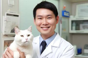 ネコを診察する男性獣医
