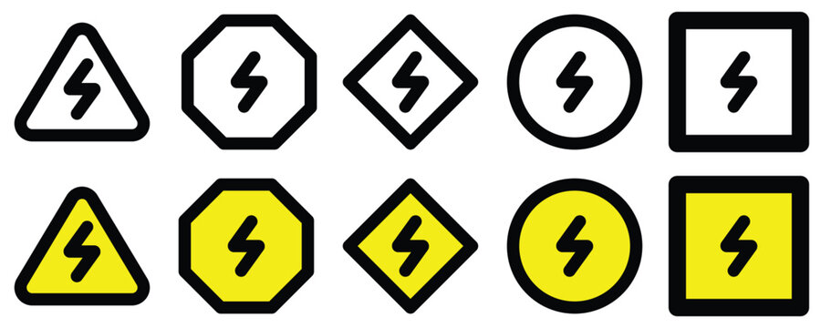 set electrical high volt danger sign of various shapes and yellow colors hazard traffic warning danger icon design vector flat design for website mobile isolated on white Background