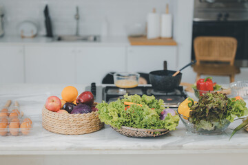 Preparing food meal at home. Vegetarian healthy food. Different fresh vegetables on kitchen.