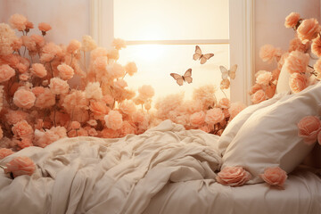 Capture the enchantment of roses and butterflies on a bed with white bedding, in animated gif style. Soft, dreamy landscapes in light orange and pink evoke everyday beauty.