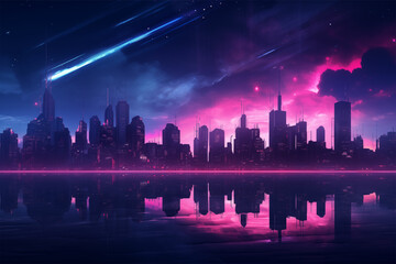 Explore a mesmerizing scifi city skyline wallpaper, blending anime aesthetics with dark turquoise, light magenta, and intricate reflections. Perfect for video montages and manapunk enthusiasts.
