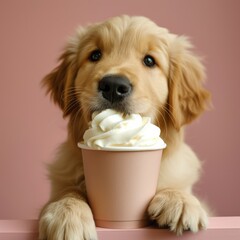Cute labrador puppy sipping on a pup cup puppucino with whipped cream 