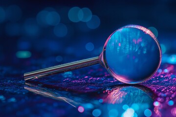 a magnifying glass on a nighttime background in blue and purple colors, in the style of data...