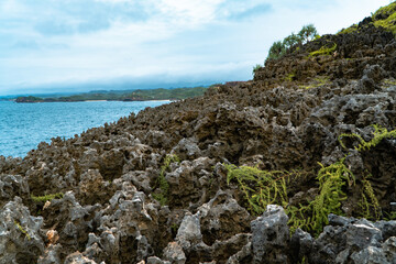 Fototapeta na wymiar Hills full of sharp coral rocks that directly border the blue sea with a small island in the middle of the sea. Coral hills on the beach with a very beautiful blue sea in the background
