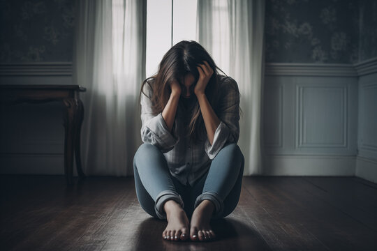 depression, mental health problem, sad desperate woman sitting alone on the floor at home