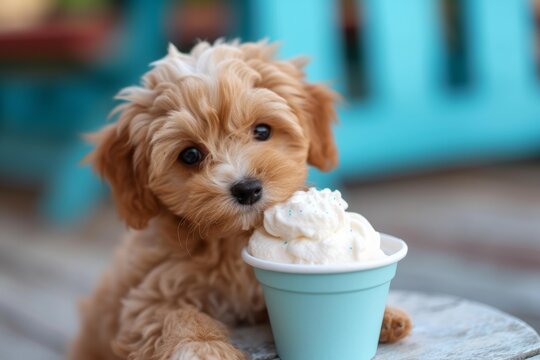 Cute puppy sipping on a pup cup puppucino with whipped cream 