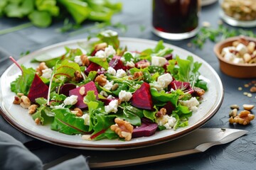 Healthy salad with beet, green mix lettuce, nuts, feta cheese