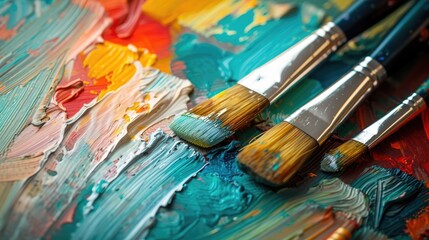 Obraz premium Paint brushes on creative oil abstract paint background.