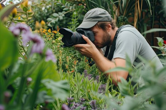 Photographer taking photo a scene in the garden. Nature photographer