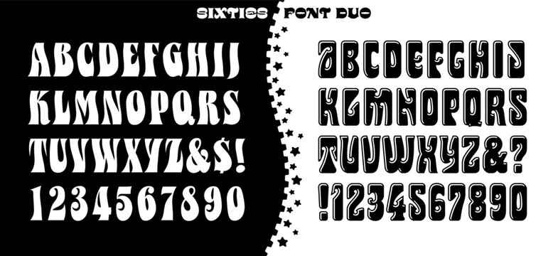 A duo of retro 1960s style alphabets, suitable for vintage style posters, album covers, stickers, etc.