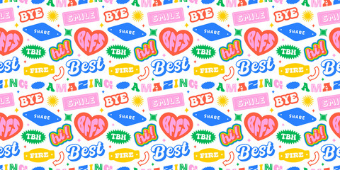 Funny retro text quote sticker seamless pattern. Colorful vintage style typography sign background. Fun repeat texture print with slang lettering, comic word icon.