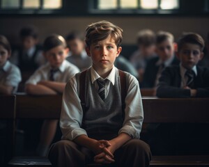 Obraz premium A boy sitting in a classroom with other students. Generative AI.