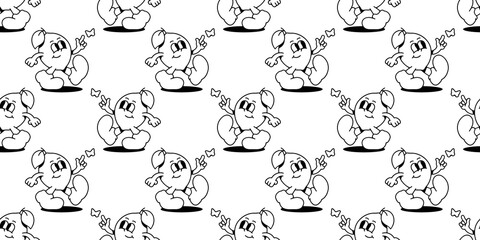 Vintage lemon fruit cartoon character seamless pattern. Trendy retro food mascot background. Groovy wallpaper print texture in black and white.