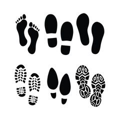 Different human footprints. Imprint soles shoes silhouette. Baby children footprint, Shoes for children and adults, adults and children's steps. Flat style collection.