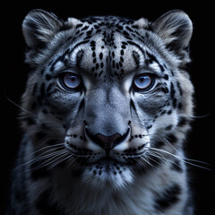 Isolated closeup Snow Leopard head on black background. Focused straight look. 