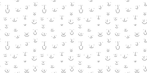 Black and white smiling face cartoon doodle seamless pattern. Funny retro smile faces background illustration. Vintage character wallpaper, fun monochrome texture print.	
