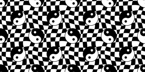 Ying yang symbol checkered seamless pattern illustration. Vintage psychedelic groovy yoga background. Black and white wallpaper print, trendy wavy checker board peace texture.