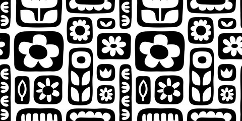 Floral seamless pattern illustration. Vintage style hippie flower background design. Geometric checkered wallpaper print, spring season nature backdrop texture with black and white flowers.	
