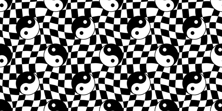 Ying yang symbol checkered seamless pattern illustration. Vintage psychedelic groovy yoga background. Black and white wallpaper print, trendy wavy checker board peace texture.