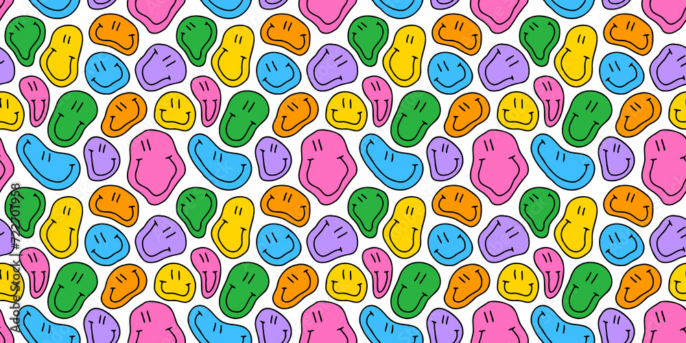 Aufkleber funny melting smiling happy face colorful cartoon seamless pattern. retro psychedelic drug effect sm