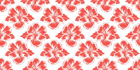 Hibiscus flower art seamless pattern illustration. Tropical hawaiian nature floral background in vintage art style. Beach season painting print.	
